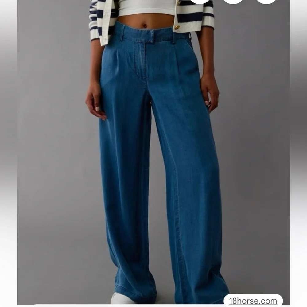 American Eagle Wide Leg Trouser Pants Womens Sz 6 Short Blue Lyocell High Rise